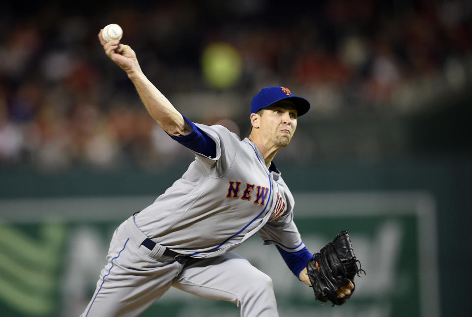 New York Mets starting pitcher Jacob deGrom delivers a pitch during the second inning of the team's baseball game against the Washington Nationals, Friday, Sept. 21, 2018, in Washington. (AP Photo/Nick Wass)