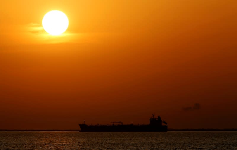 FILE PHOTO: An oil tanker sits anchored off the Fos-Lavera oil hub near Marseille