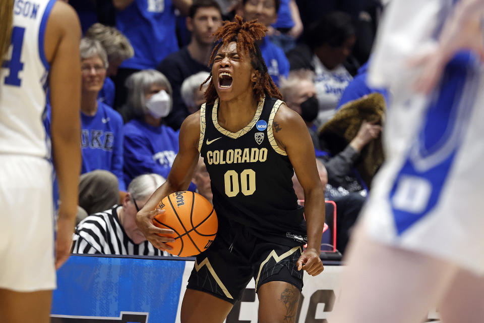 Colorado's Jaylyn Sherrod celebrates following her team's upset of Duke in the second round of the NCAA tournament on March 20, 2023, in Durham, N.C. (AP Photo/Karl B. DeBlaker)