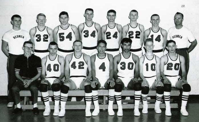 The 1963 Sisseton High School boys basketball team went 25-0 and won the state Class A championship. Team members included, from left in front, student manager Jim Anderson, Richard Lucas, Marlowe Samson, Myron Williams, Tony Barker, Doug Brewster and Owen Hilberg; and back, assistant coach Chuck Schwan, Bob Brewster, Myron Moen, Simon Schloe, Jack Theeler, Robert Hull, Tom Hruby and head coach Jack Theeler Sr.
