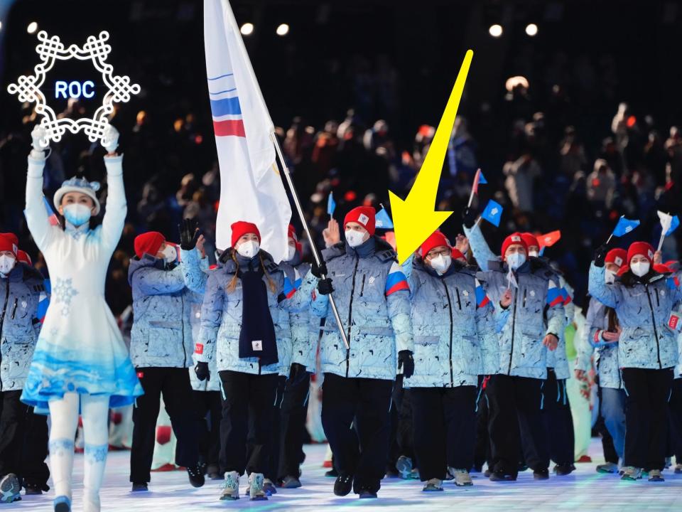 Russia Olympic Committee athletes march in the Opening Ceremony at the Beijing Olympics.