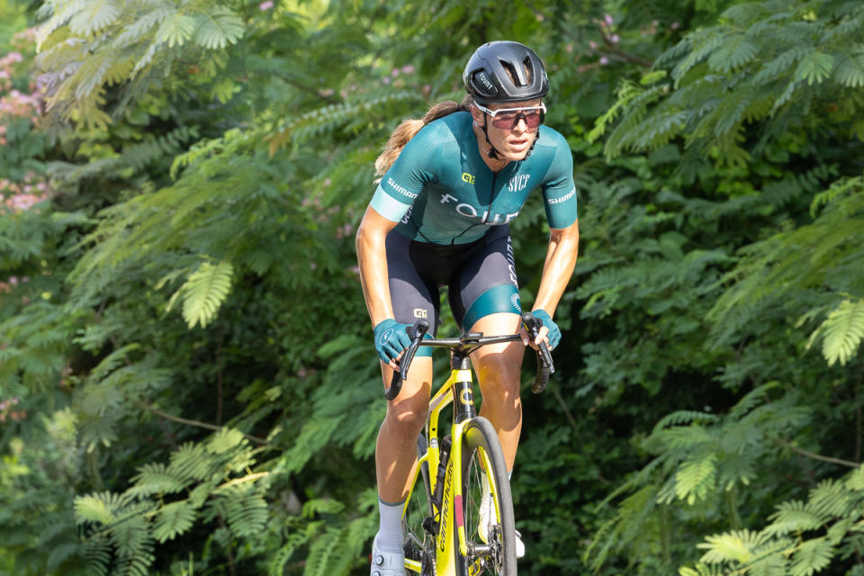 Marjorie Rinaldo (Fount Cycling Guild) had bridged across to Heather Fisher, but was left out on her own after Fisher got a flat and had to stop for a neutral service wheel.