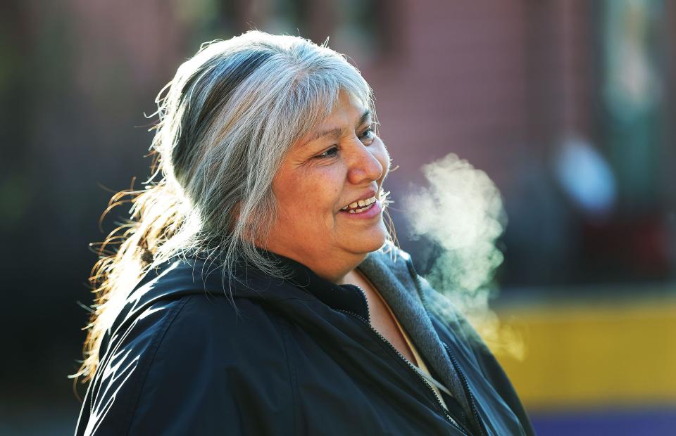 Bertha Marquez waits in the cold for food as Mosaic Inter-Faith Ministries hands out Thanksgiving meals in Salt Lake City on Tuesday, Nov. 21, 2023. | Jeffrey D. Allred, Deseret News