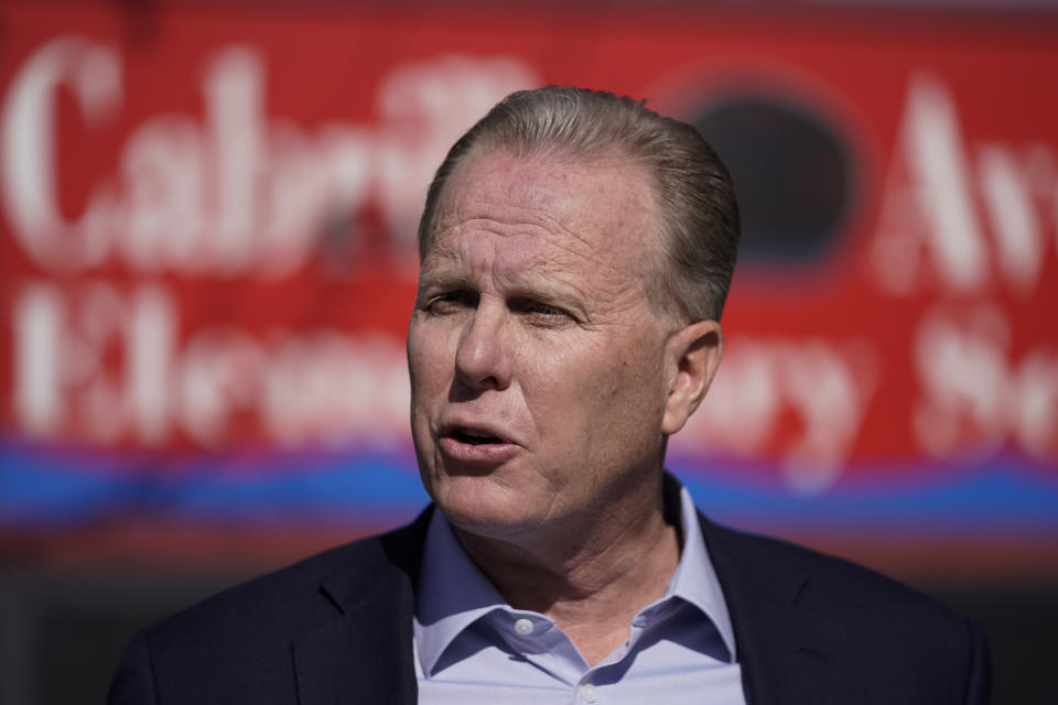 FILE - In this Tuesday, Feb. 2, 2021, file photo, former San Diego Mayor Kevin Faulconer speaks during a news conference in the San Pedro section of Los Angeles. Republican gubernatorial candidate Faulconer announced the day prior that he was entering the race for California governor. A fading coronavirus crisis and an astounding windfall of tax dollars have reshuffled California's emerging recall election, allowing Democratic Gov. Gavin Newsom to talk of a mask-free future and propose billions in new spending for schools and businesses as he looks to fend off Republicans who depict him as a foppish failure. (AP Photo/Jae C. Hong, File)