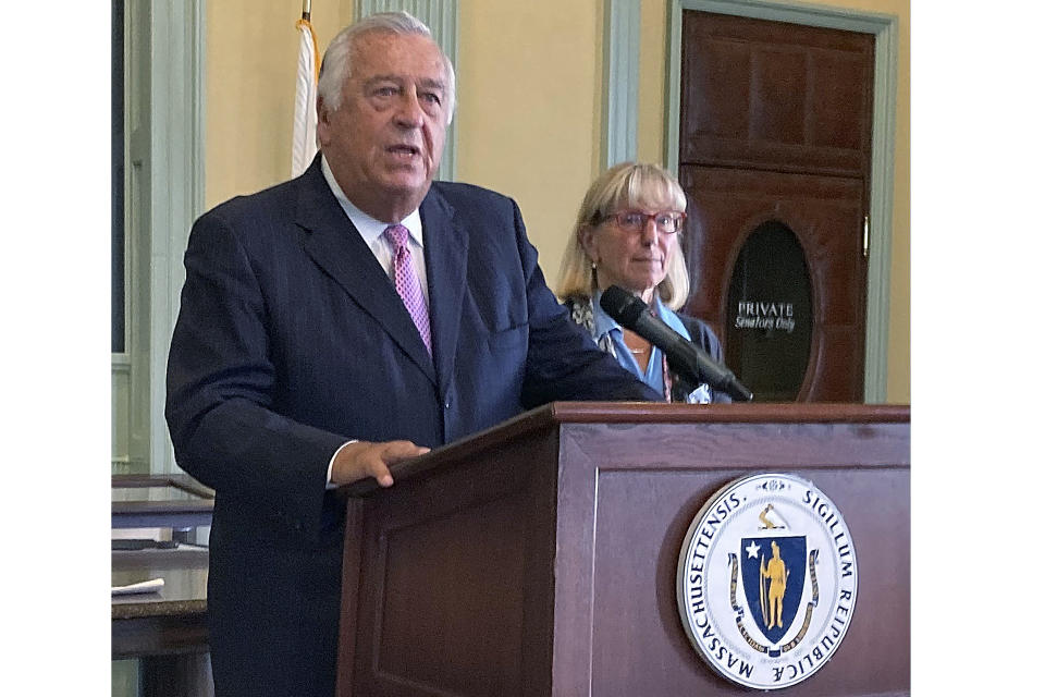 FILE - House Speaker Ronald Mariano and fellow Democratic Senate President Karen Spilka speak at an event at the Massachusetts Statehouse in Boston, Sept. 26, 2023. The Massachusetts House approved a sweeping gun bill Wednesday, Oct. 18, 2023, aimed at tightening firearm laws, cracking down on unregistered, so-called “ghost guns" and strengthening the state’s assault-style weapons ban. (AP Photo/Steve LeBlanc, File)