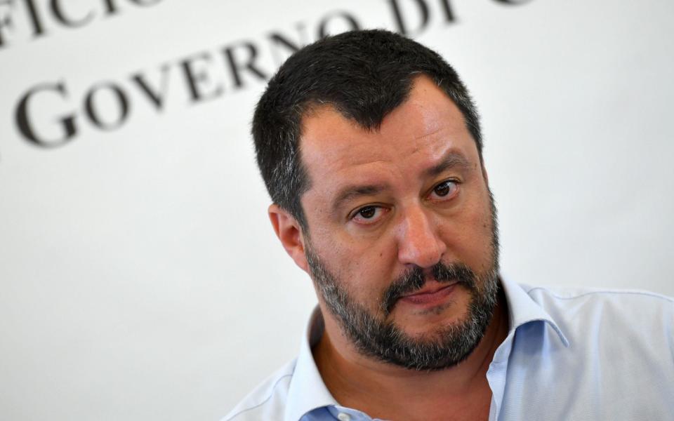 Italys Interior Minister and deputy PM Matteo Salvini attends on July 9, 2019 the closure of Europe's one-time biggest asylum seeker and migrants reception centre in Mineo, southern Sicily. - Andreas Solaro/AFP