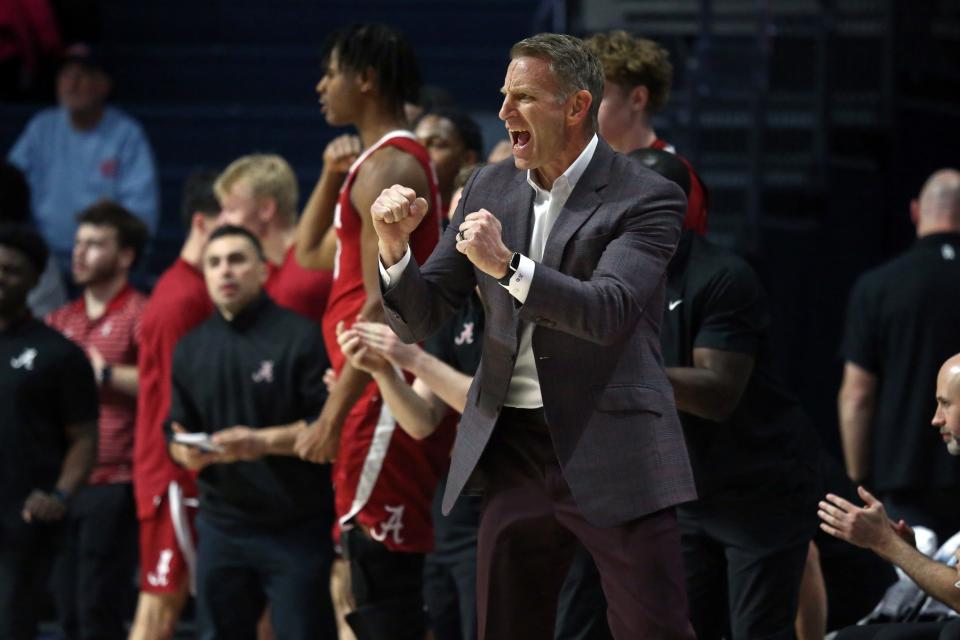 Feb 28, 2024; Oxford, Mississippi, USA; Alabama Crimson Tide head coach Nate Oats reacts during the second half against the Mississippi Rebels at The Sandy and John Black Pavilion at Ole Miss. Mandatory Credit: Petre Thomas-USA TODAY Sports