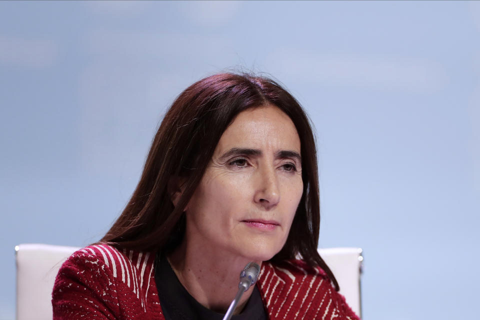 Chilean Environment Minister and chair of COP25 Carolina Schmidt takes part at the COP25 climate talks congress in Madrid, Spain, Saturday, Dec. 14, 2019. The United Nations Secretary-General has warned that failure to tackle global warming could result in economic disaster. (AP Photo/Manu Fernandez)