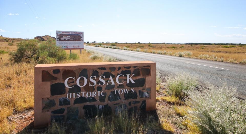 Cossack Historic Town sign. The site looking for buyer through LJ Hooker