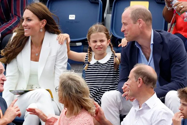 <p>Max Mumby/Indigo/Getty </p> Kate Middleton, Princess Charlotte and Prince William at the Commonwealth Games 2022