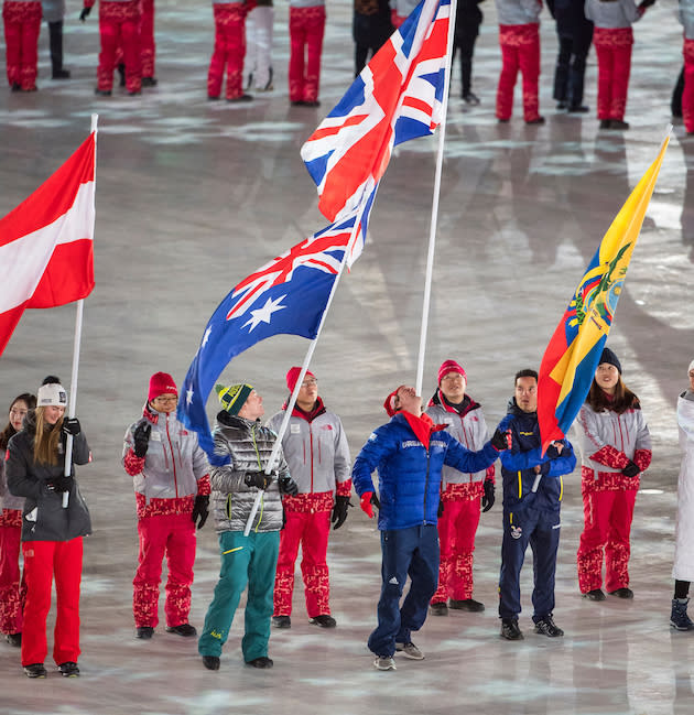 Billy Morgan carries the British flag on his chin during the Olympic closing ceremony in PyeongChang (picture Andy J Ryan/Team GB)