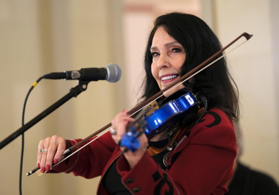 Jana Jae sings and plays violin at Bob Wills Day at the Capitol Monday, March 6, 2023, in Oklahoma City.