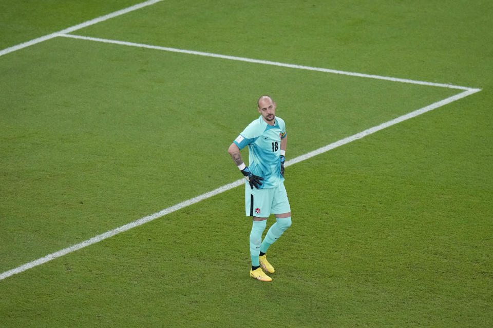 Canada's goalkeeper Milan Borjan reacts after Morocco's Hakim Ziyech scores his side's opening goal during the World Cup group F soccer match between Canada and Morocco at the Al Thumama Stadium in Doha, Qatar, Thursday, Dec. 1, 2022. (AP Photo/Alessandra Tarantino)