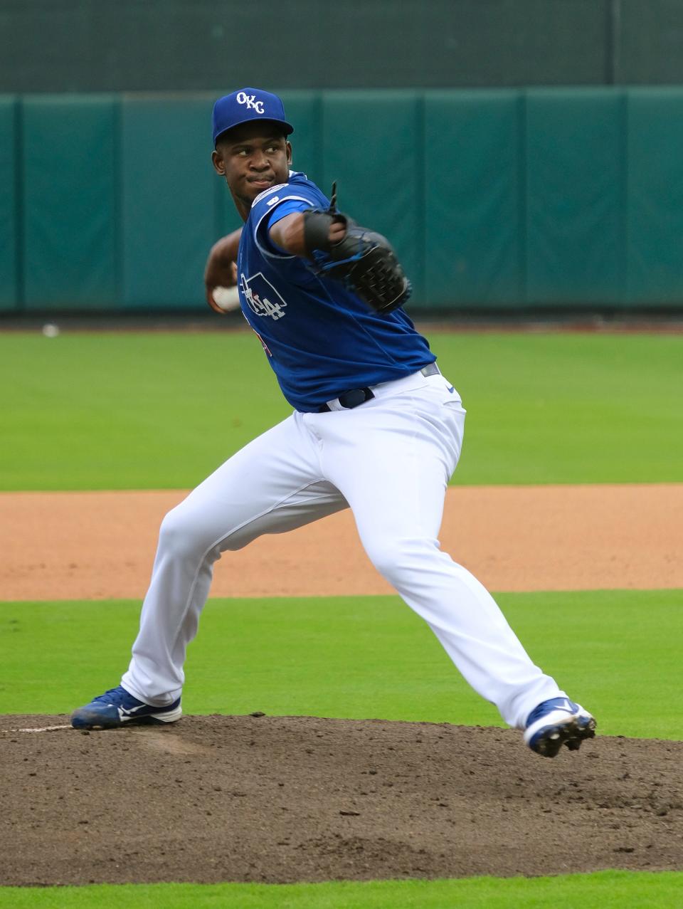 Yefry Ramirez pitches during practice at the media day for the OKC Dodgers at the Chickasaw Bricktown Ballpark, Monday, April 4, 2022.