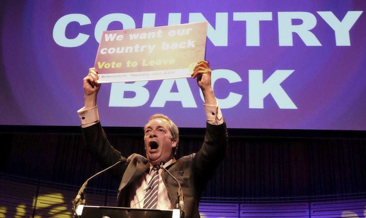 Nigel Farage on the campaign trail during the EU referendum (Rex)