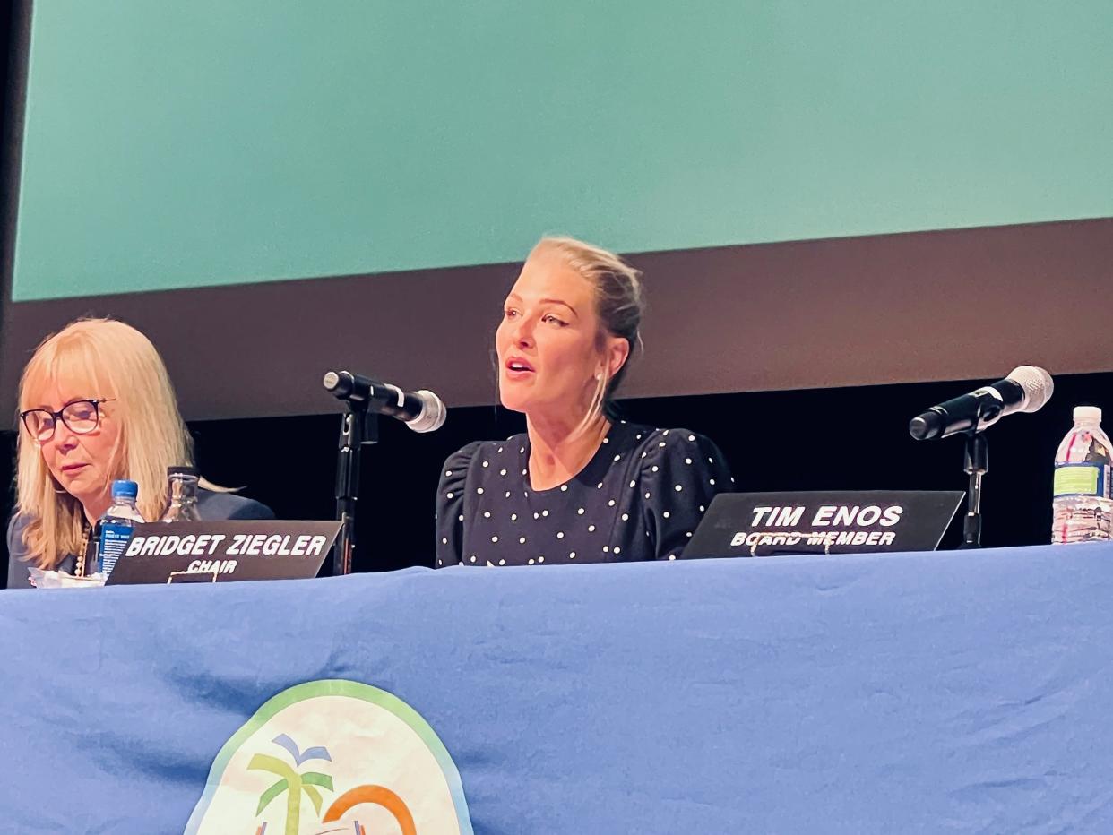 Sarasota School Board Chairwoman Bridget Ziegler addresses the public at a board meeting at the Venice Performing Arts Center on Tuesday, Sept. 19, 2023. At the meeting, the board considered a plan to again redraw the boundaries for the districts represented by the School Board's five members.