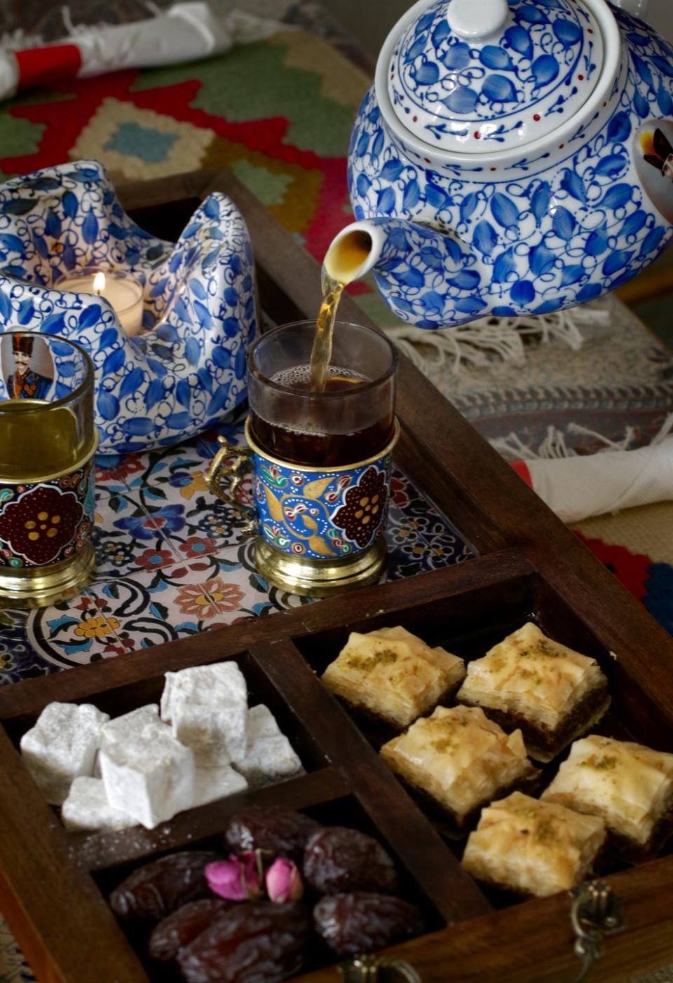 Tea  at Shish Kabob  is brewed with cardamom, rosebuds and orange blossoms. Baklava might be a familiar layered pastry but this Persian version is less sweet than others. The chocolate one is well-balanced.