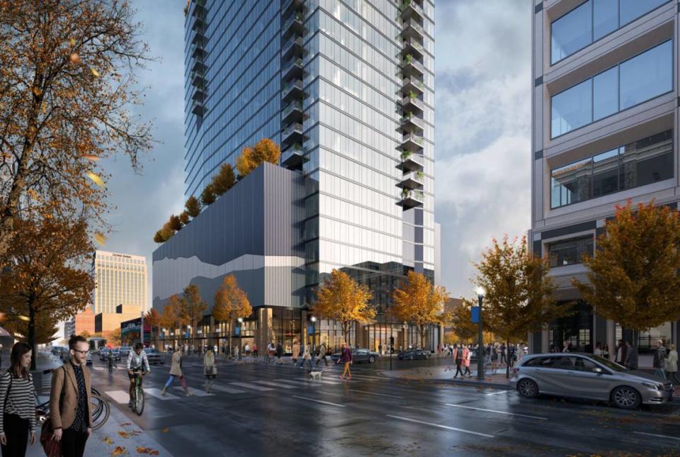 The Oppenheimer Development Corp.’s mixed-use tower called 12th and Idaho, as seen in this architectural rendering, was slated to begin construction in the summer of 2022. It was delayed for months because of rising costs.