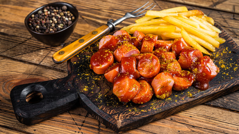 plate of chopped currywurst and fries