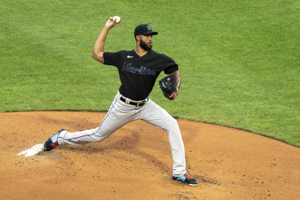 Miami Marlins starting pitcher Sandy Alcantara throws during the first inning of a baseball game against the Philadelphia Phillies, Friday, July 24, 2020, in Philadelphia. (AP Photo/Chris Szagola)