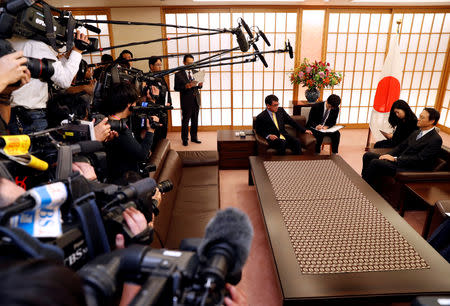 South Korean ambassador to Japan Lee Su-hoon (R) meets with Japanese Foreign Minister Taro Kono at the Foreign Ministry in Tokyo, Japan October 30, 2018. REUTERS/Issei Kato