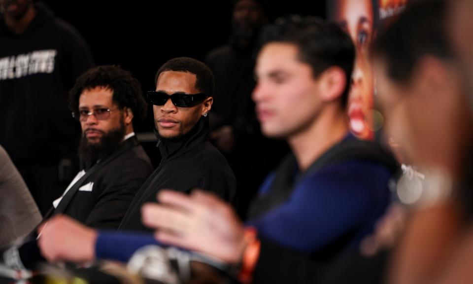 <span>Devin Haney and Ryan Garcia speak at Thursday’s final press conference ahead of their fight at Brooklyn’s Barclays Center.</span><span>Photograph: Cris Esqueda/Golden Boy</span>