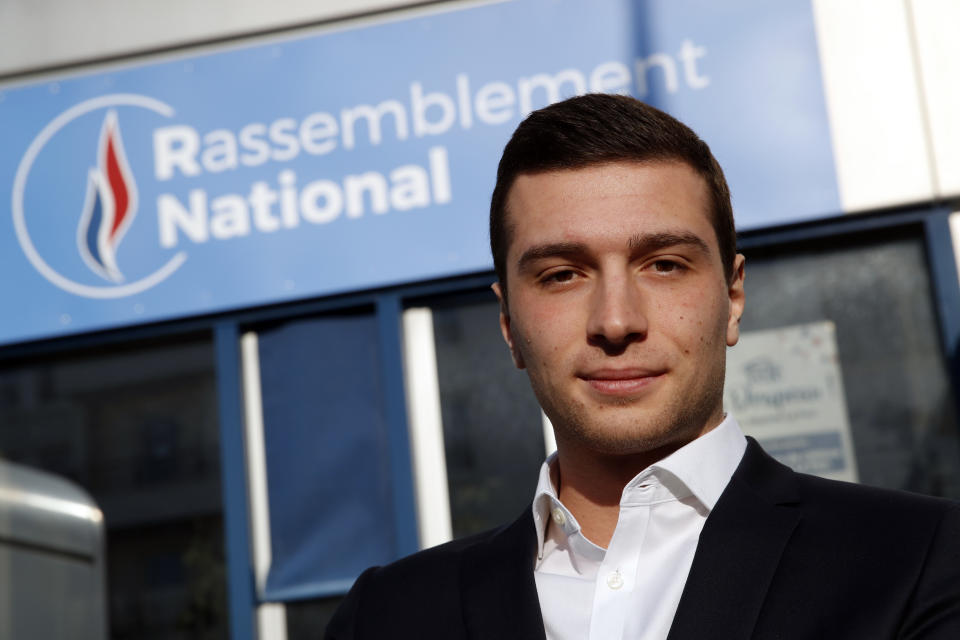 FILE - Head of Marine Le Pen's party list for the European Parliament elections, Jordan Bardella poses after an interview with Associated Press in Nanterre, outside Paris, Wednesday, Feb. 20, 2019. At just 28 years old, Jordan Bardella has led the French far right to a landslide victory in the European Parliament election in June. After voters propelled Marine Le Pen's National Rally to a strong lead in the first round of national legislative elections on Sunday, Bardella has turned to rallying supporters to grant Marine Le Pen's party an absolute majority in the decisive round of voting on July 7 and make him the prime minister of France. (AP Photo/Christophe Ena, File)