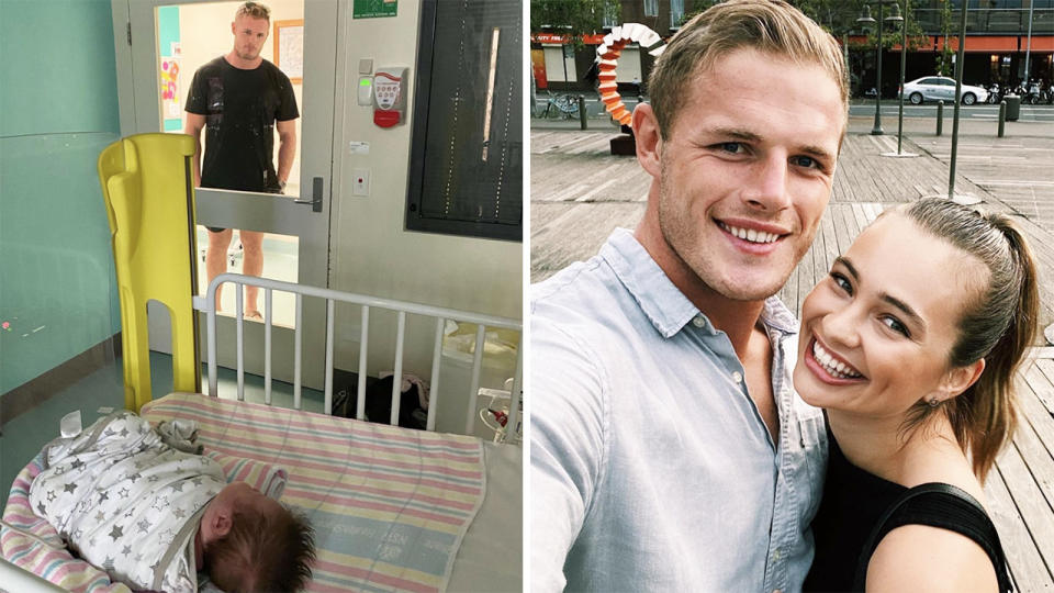 Tahlia Giumelli, the fiancee of NRL star Tom Burgess, has shared a heartbreaking photo of Burgess separated from his daughter due to coronavirus protocols in hospital. Pictures: Instagram/tahliagiumelli