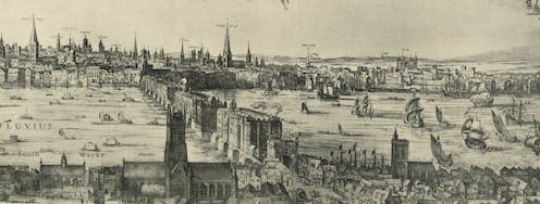 <span class="caption">London imagined from above by artist Claes Jansz. Visscher, in 1616.</span> <span class="attribution"><a class="link " href="https://commons.wikimedia.org/wiki/File:London_panorama,_1616.jpg" rel="nofollow noopener" target="_blank" data-ylk="slk:wiki;elm:context_link;itc:0;sec:content-canvas">wiki</a></span>