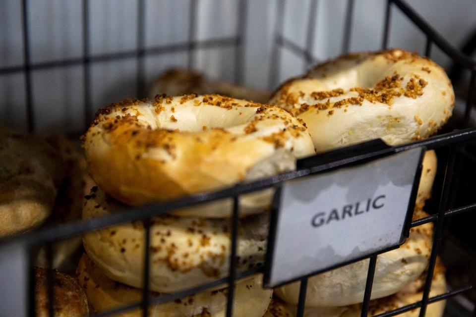 Garlic bagels at 5 Borough Bagels in Clive.