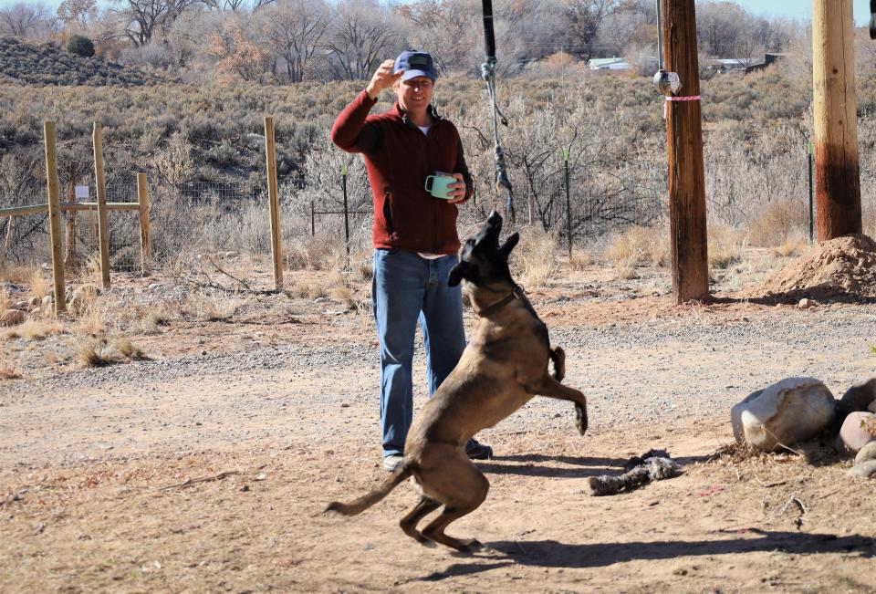 Trinity K9 Search and Rescue president Jon Bonnette works with his dog Izzy by tossing her a rope, which Bonnette says is a reward for good behavior.