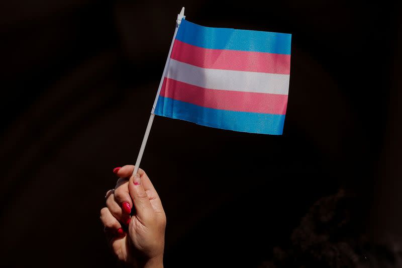 A person holds up a flag during rally to protest the Trump administration's reported transgender proposal to narrow the definition of gender to male or female at birth in New York