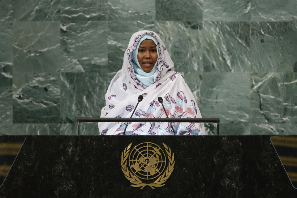 Foreign Minister of Chad Awatif Altidjani Ahmed Koiboro addresses the 77th session of the United Nations General Assembly, at U.N. headquarters, Friday, Sept. 23, 2022. (AP Photo/Jason DeCrow)