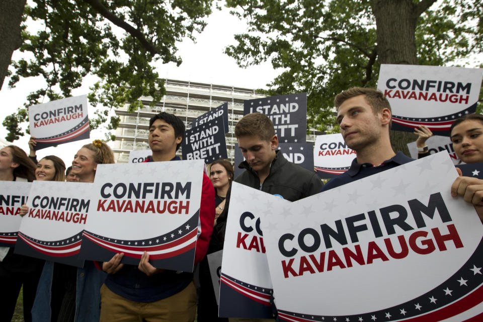 Liberty University students demonstrate in Washington on Sept. 27, 2018, in support of then&ndash;Supreme Court nominee Brett Kavanaugh amid allegations that he sexually assaulted Christine Blasey Ford decades earlier. (Photo: JOSE LUIS MAGANA via Getty Images)