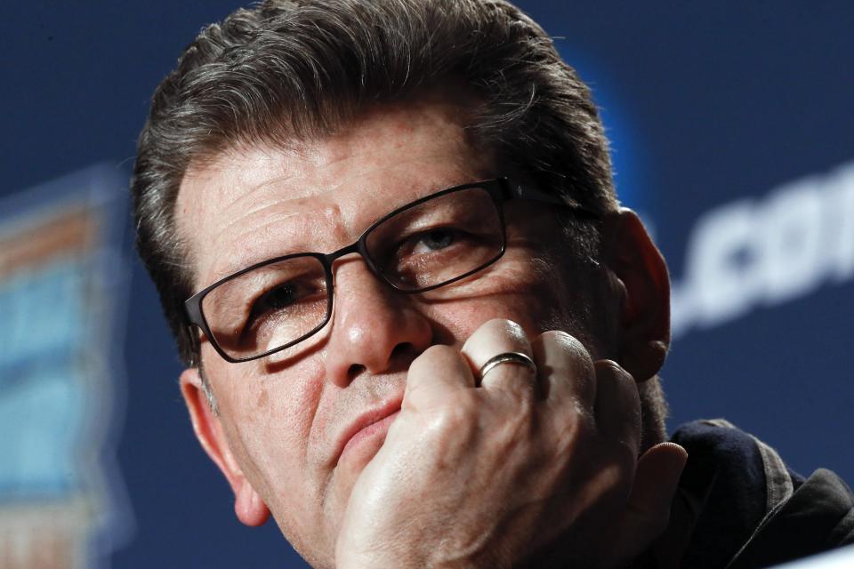 Connecticut head coach Geno Auriemma listens to a question during a news conference at the NCAA women's Final Four college basketball tournament Monday, April 7, 2014, in Nashville, Tenn. Connecticut is scheduled to face Notre Dame in the championship game Tuesday. (AP Photo/John Bazemore)