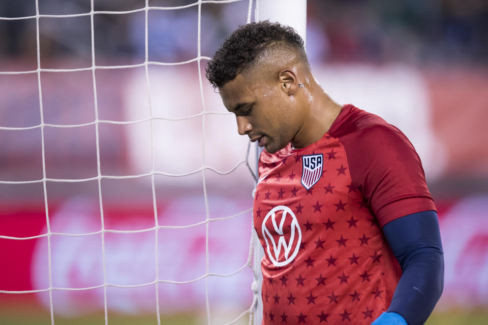 EAST RUTHERFORD, NJ - SEPTEMBER 06: Zack Steffen #1 of the United States warms up before the start of the Friendly match between the United States Men's National Team and Mexico.  The match was held at MetLife Stadium on September 06, 2019 in East Rutherford, NJ USA. Mexico won the match with a score of 3 to 0. (Photo by Ira L. Black/Corbis via Getty Images)