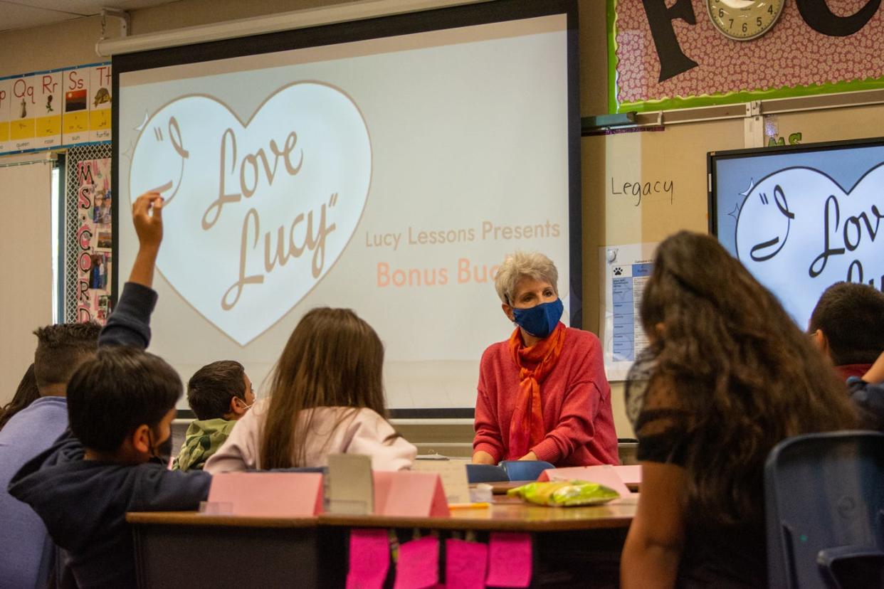 Lucie Arnaz speaks to fourth-grade students at Cathedral City Elementary in Cathedral City, on Tuesday, March 8, 2022.