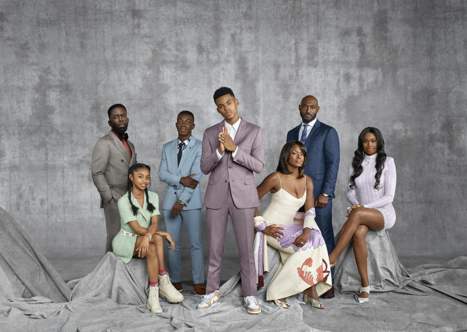 BEL-AIR -- Season: 1 -- Pictured: (l-r) Jimmy Akingbola as Geoffrey, Akira Jolie Akbar as Ashley, Olly Sholotan as Carlton, Jabari Banks as Will, Cassandra Freeman as Viv, Adrian Holmes as Phil, Courtney Coco Jones as Hilary -- (Photo by: Kwaku Alston/Peacock/NBCU Photo Bank via Getty Images)