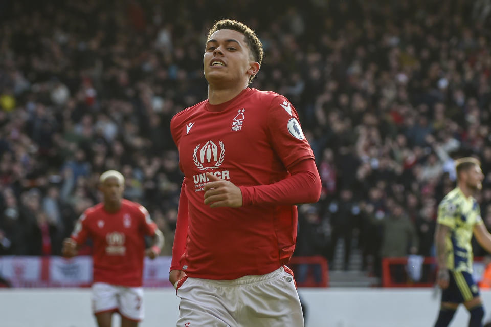 Nottingham Forest's Brennan Johnson celebrates scoring his side's opening goal during the English Premier League soccer match between Nottingham Forest and Leeds United at City Ground stadium in Nottingham, England, Sunday, Feb. 5, 2023. (AP Photo/Rui Vieira)