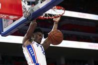 Dec 7, 2018; Detroit, MI, USA; Philadelphia 76ers guard Jimmy Butler (23) dunks in the first half against the Detroit Pistons at Little Caesars Arena. Rick Osentoski-USA TODAY Sports