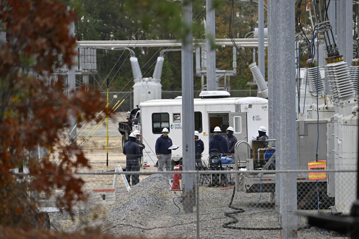 A view of the substation while work is in progress as tens of thousands are without power on Moore County after an attack at two substations. / Credit: Peter Zay/Anadolu Agency via Getty Images