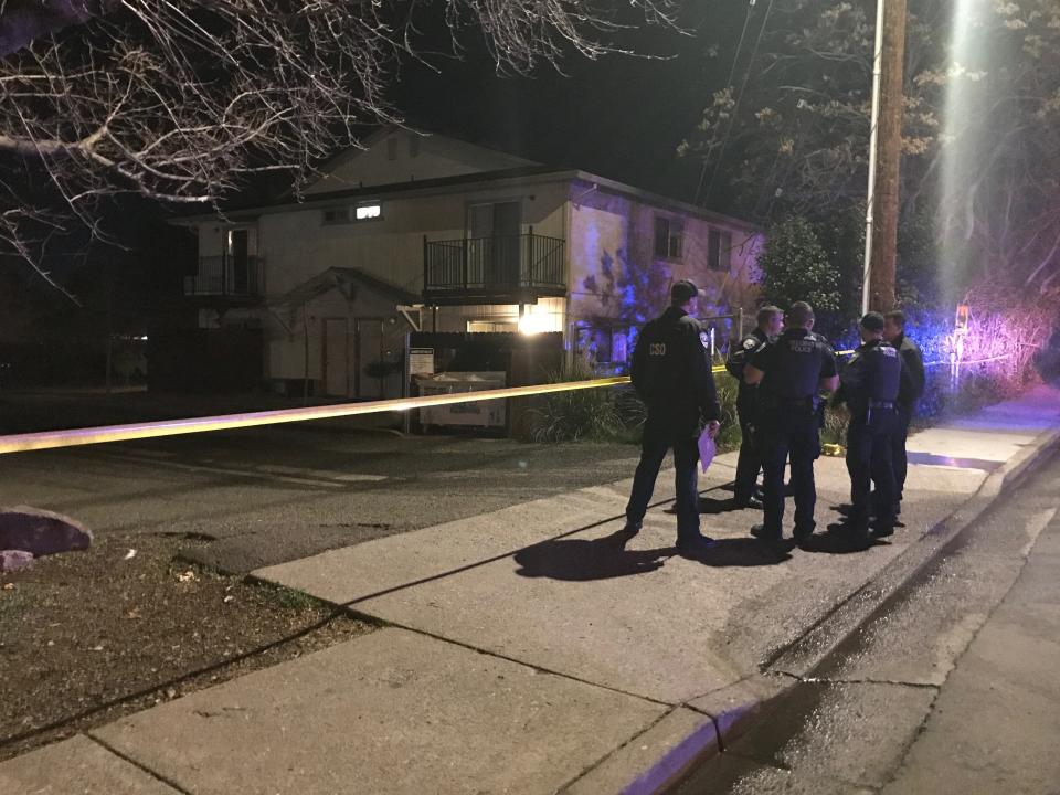 Redding police officers cordoned off an apartment complex where a disturbance was reported Friday night, Jan. 15, 2021 in the area of Hartnell Avenue and C Street.
