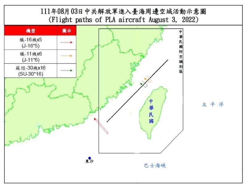 中共戰機27架橫跨海峽中線。（圖／國防部提供）