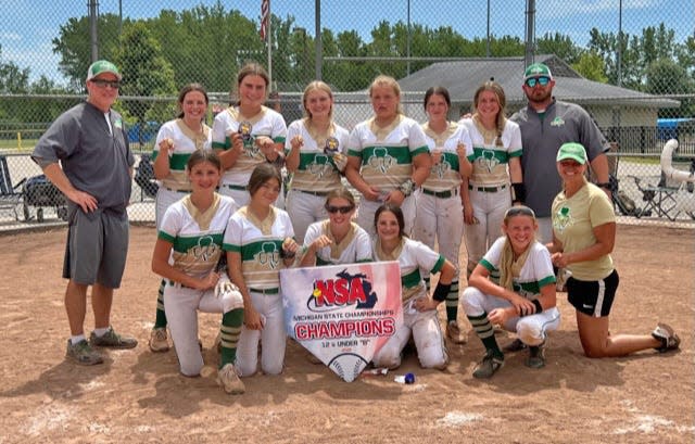 The Shamrock 12U NSA State Champions. Pictured are Front Row:  Avery Clark, Lauren Lewis, Courtney Weaver, Julia Travelbee, Claire Kelly, Coach Nicole Kelly
Back Row:  Coach Mike Lewis, Delaney McCullough, Ana Berger, Lezlee Smith, Lani Miller, Jillian Wallace, Mallorie Miller, Coach Darren Smith.