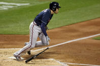 Atlanta Braves' Freddie Freeman starts to run after hitting a two-RBI double during the second inning of a baseball game against the New York Mets, Friday, Sept. 18, 2020, in New York. (AP Photo/Adam Hunger)