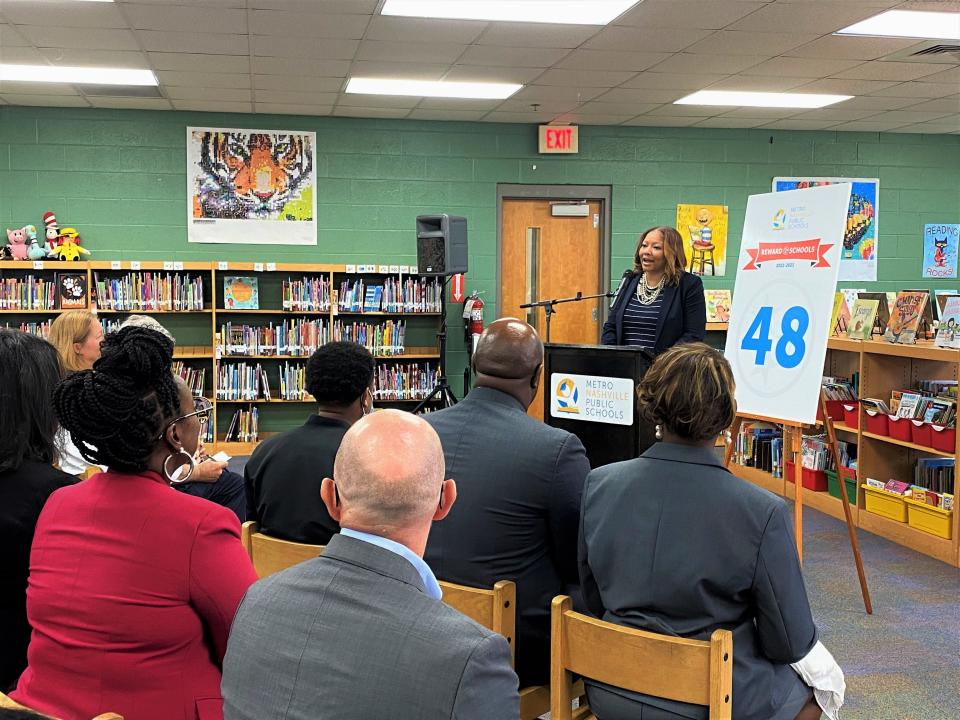 Metro Nashville Public Schools Director Adrienne Battle addresses the audience at a news conference announcing the district schools awarded the "reward" designation this year by the Tennessee Department of Education on Monday, Sept. 12, 2022, at Amqui Elementary School in Madison, Tennessee.
