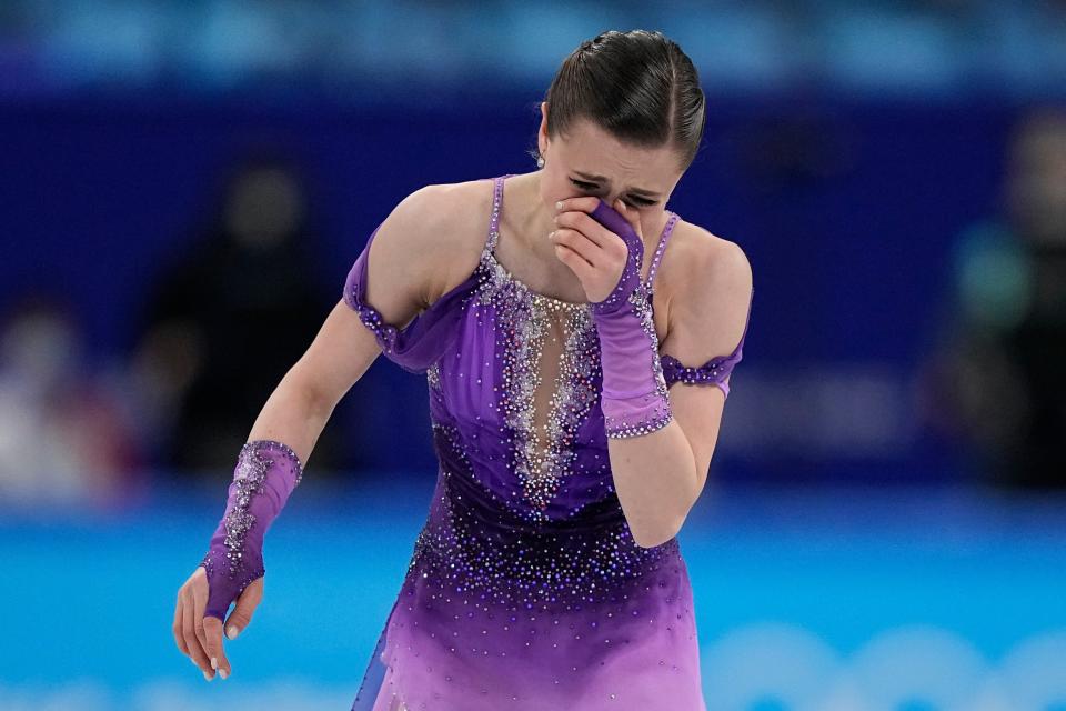 Kamila Valieva, of the Russian Olympic Committee, reacts in the women’s short program during the figure skating (AP)