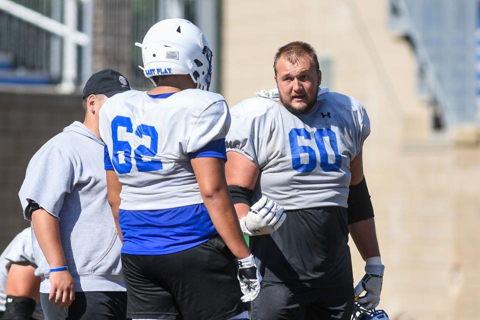 Mason McCormick (60) talks to another player during practice at Dana J. Dykhouse Stadium in Brookings, South Dakota on Monday, August 14, 2023.
