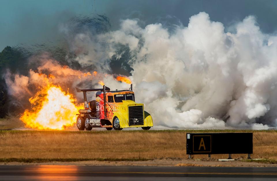 The Shockwave Jet Truck performs during the Blue Angels Homecoming Show at Naval Air Station Pensacola in November 2018.