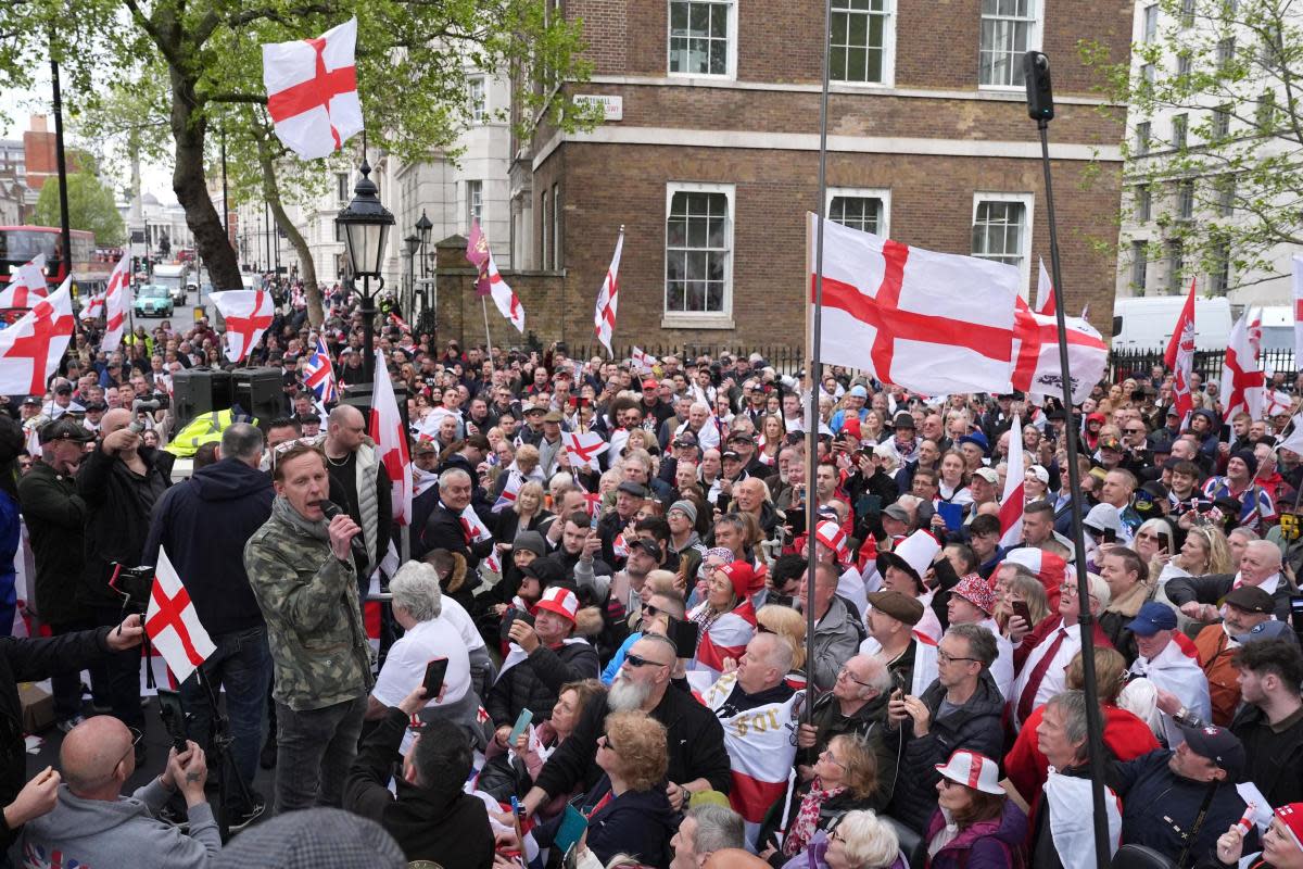 Alt-right actor Laurence Fox speaking to people attending a St George's Day rally on Whitehall <i>(Image: PA)</i>